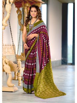 Lush Glam - Wine Printed Mulmul Cotton Saree with Unstitched Blouse