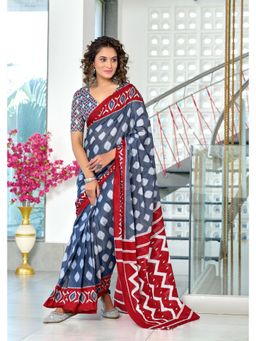 Lush Glam - Grey Printed Mulmul Cotton Saree with Unstitched Blouse