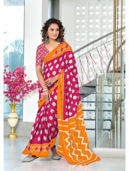 Lush Glam - Pink Printed Mulmul Cotton Saree with Unstitched Blouse