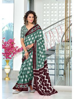 Lush Glam - Teal Printed Mulmul Cotton Saree with Unstitched Blouse