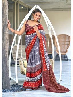 Lush Glam - Grey Pure Cotton Printed Saree with Unstitched Blouse