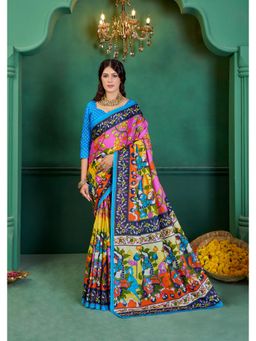 Lush Glam - Multi-Color Printed Pure Mulmul Cotton Saree with Unstitched Blouse