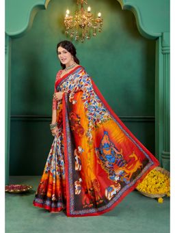 Lush Glam - Red Printed Pure Mulmul Cotton Saree with Unstitched Blouse