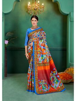 Lush Glam - Blue Printed Pure Mulmul Cotton Saree with Unstitched Blouse