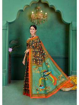 Lush Glam - Green Printed Pure Mulmul Cotton Saree with Unstitched Blouse