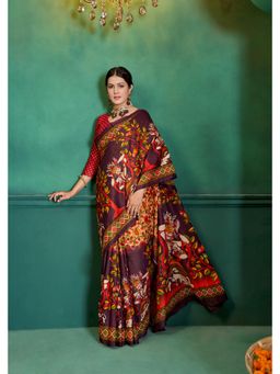 Lush Glam - Brown Printed Pure Mulmul Cotton Saree with Unstitched Blouse