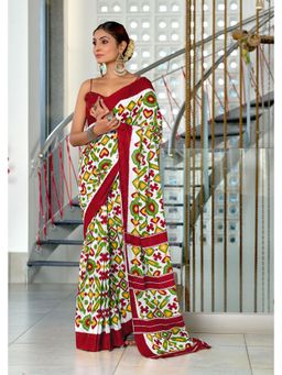 Lush Glam - White Printed Mulmul Cotton Saree with Unstitched Blouse
