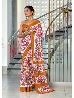 Lush Glam - White Printed Mulmul Cotton Saree with Unstitched Blouse