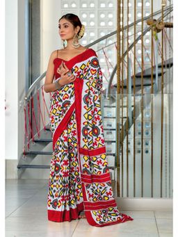 Lush Glam - White Printed Mulmul Cotton Saree with Unstitched Blouse