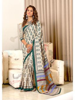 Lush Glam - Cream Printed Mulmul Cotton Saree with Unstitched Blouse