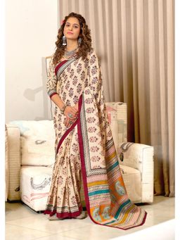 Lush Glam - Cream Printed Mulmul Cotton Saree with Unstitched Blouse