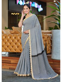 Lush Glam - Black Printed Pure Mulmul Cotton Saree with Unstitched Blouse