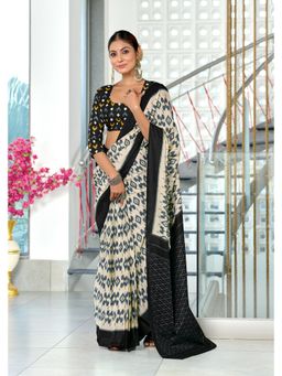 Lush Glam - Off White Printed Pure Mulmul Cotton Saree with Unstitched Blouse