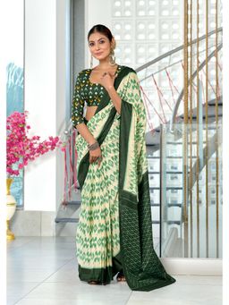 Lush Glam - Green Printed Pure Mulmul Cotton Saree with Unstitched Blouse