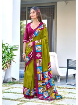 Lush Glam - Green Printed Mulmul Cotton Saree with Unstitched Blouse