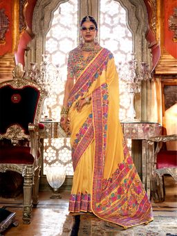 Elora - Golden Yellow Poly Viscose Silk Pashmina Saree with Printed Floral Motifs Saree