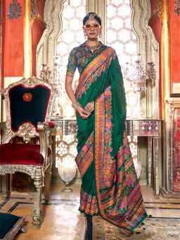 Elora - Dark Green Poly Viscose Silk Pashmina Saree with Printed Floral Motifs Saree
