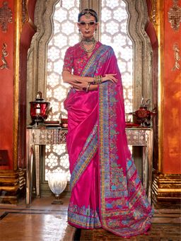 Elora - Rani Pink Poly Viscose Silk Pashmina Saree with Printed Floral Motifs Saree