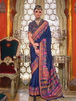 Elora - Navy Blue Poly Viscose Silk Pashmina Saree with Printed Floral Motifs Saree