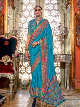 Elora - Royal Blue Poly Viscose Silk Pashmina Saree with Printed Floral Motifs Saree