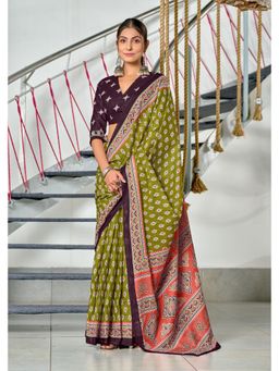 Lush Glam - Green Printed Mulmul Cotton Saree with Unstitched Blouse