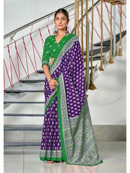 Lush Glam - Purple Printed Mulmul Cotton Saree with Unstitched Blouse