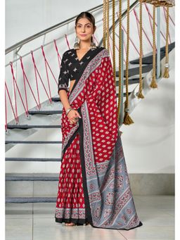Lush Glam - Red Printed Mulmul Cotton Saree with Unstitched Blouse