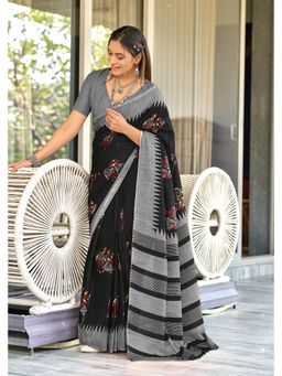 Lush Glam - Black Printed Mulmul Cotton Saree with Unstitched Blouse