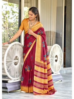 Lush Glam - Maroon Printed Mulmul Cotton Saree with Unstitched Blouse
