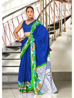 Lush Glam - Blue Pure Cotton Printed Saree with Unstitched Blouse