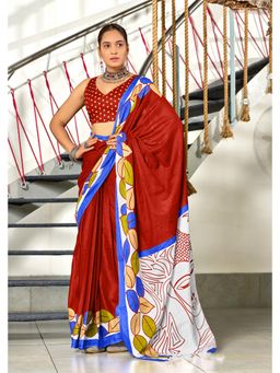 Lush Glam - Red Pure Cotton Printed Saree with Unstitched Blouse
