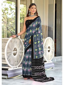 Lush Glam - Grey Pure Cotton Printed Saree with Unstitched Blouse