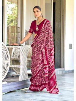 Lush Glam - Pure Cotton Pink Printed Saree with Unstitched Blouse