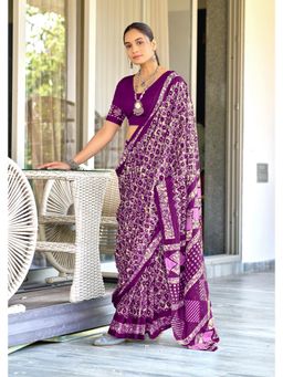 Lush Glam - Pure Cotton Purple Printed Saree with Unstitched Blouse