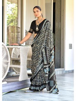 Lush Glam - Pure Cotton Black Printed Saree with Unstitched Blouse