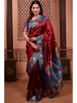 SGF11 - Maroon Blue Kanjivaram Silk Saree with Unstitched Blouse