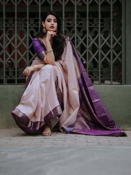 Anjaneya Sarees - Cream Woven Banarasi Kanjivaram Saree with Unstitched Blouse