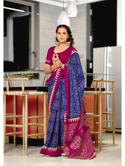 Lush Glam - Blue Printed Mulmul Cotton Saree with Unstitched Blouse