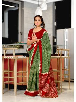 Lush Glam - Green Printed Mulmul Cotton Saree with Unstitched Blouse