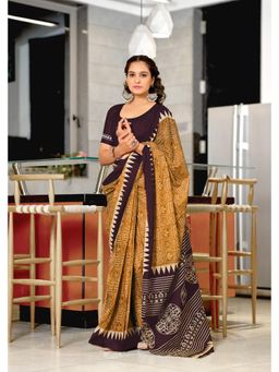 Lush Glam - Mustard Printed Mulmul Cotton Saree with Unstitched Blouse