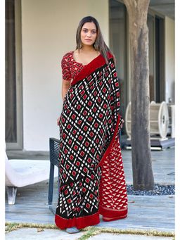 Lush Glam - Black Printed Mulmul Cotton Saree with Unstitched Blouse