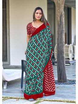 Lush Glam - Green Printed Mulmul Cotton Saree with Unstitched Blouse