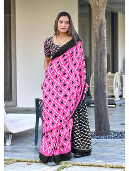 Lush Glam - Pink Printed Mulmul Cotton Saree with Unstitched Blouse