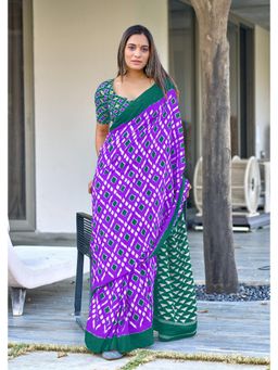 Lush Glam - Purple Printed Mulmul Cotton Saree with Unstitched Blouse
