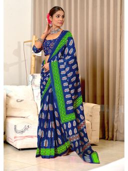 Lush Glam - Blue Printed Mulmul Cotton Saree with Unstitched Blouse
