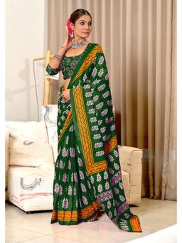 Lush Glam - Green Printed Mulmul Cotton Saree with Unstitched Blouse