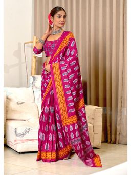 Lush Glam - Pink Printed Mulmul Cotton Saree with Unstitched Blouse