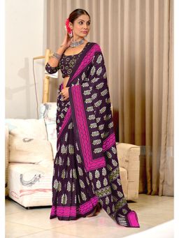 Lush Glam - Wine Printed Mulmul Cotton Saree with Unstitched Blouse