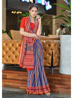 Lush Glam - Blue Printed Pure Mulmul Cotton Saree with Unstitched Blouse