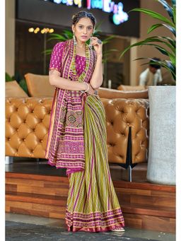 Lush Glam - Green Printed Pure Mulmul Cotton Saree with Unstitched Blouse